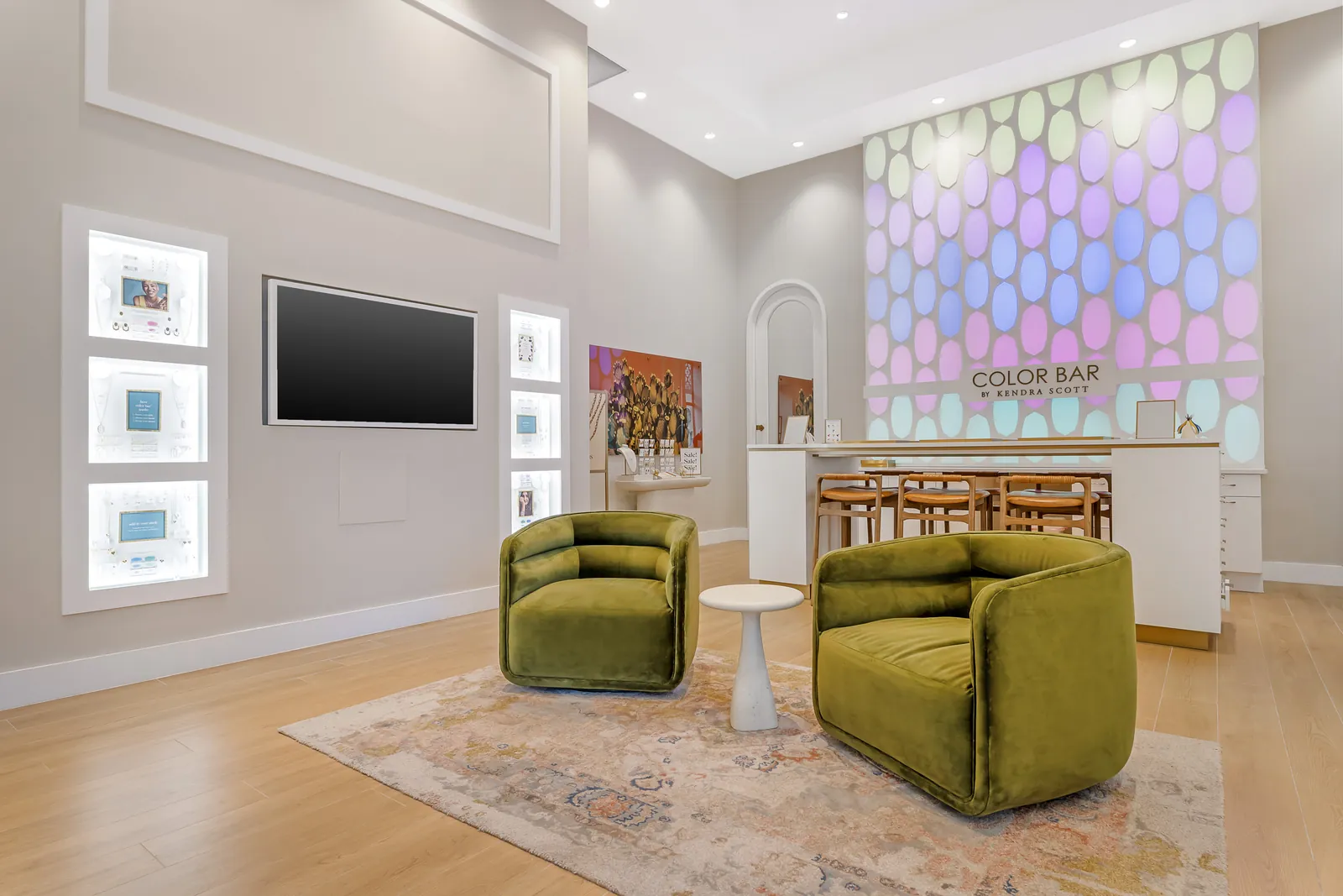 Weiss-built retail interior — completed brand feature wall and lounge